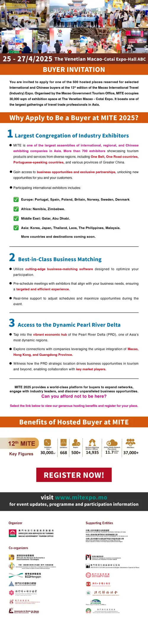 MITE 2025 buyer invitation flyer showcasing event details, including dates (April 25-27, 2025), location (The Venetian Macao – Cotai Expo), exhibitor highlights, hosted buyer benefits, business matching opportunities, and participation information.