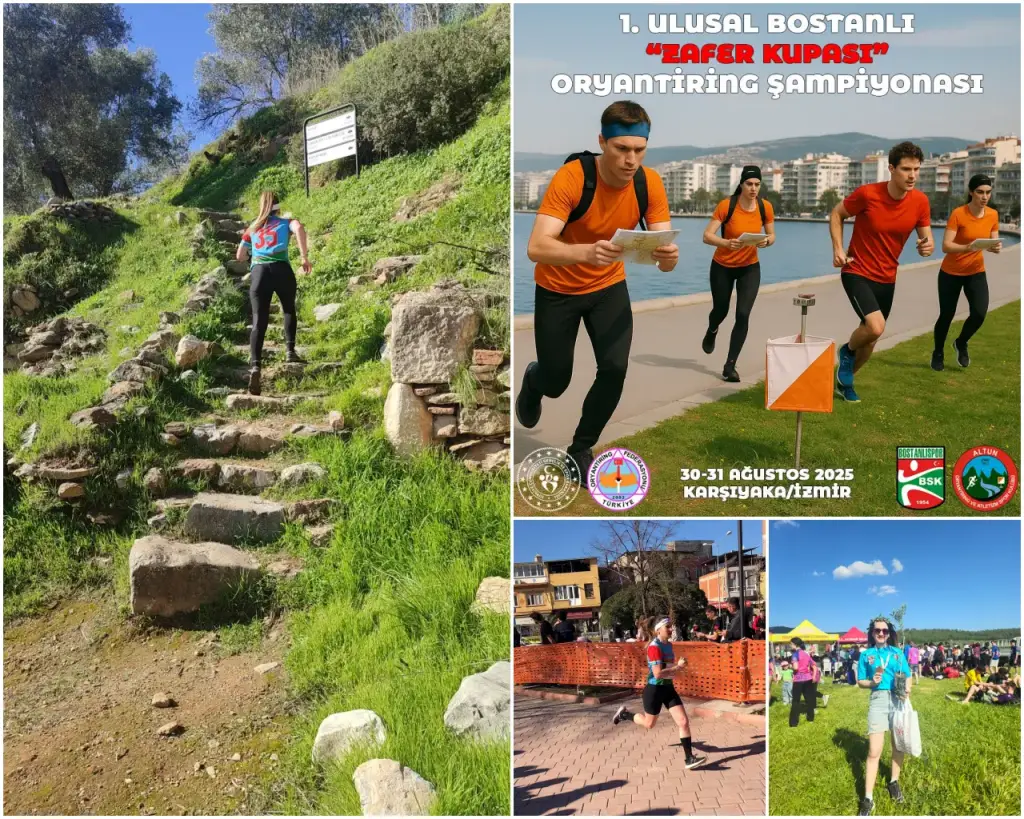 İzmir’de düzenlenecek 1. Ulusal Bostanlı Zafer Kupası Oryantiring Şampiyonası’nı tanıtan görsel kolaj. Fotoğraflarda ormanda koşan sporcular, sahilde kontrol noktasına ulaşan yarışmacılar ve etkinlik alanında toplanan katılımcılar yer alıyor.