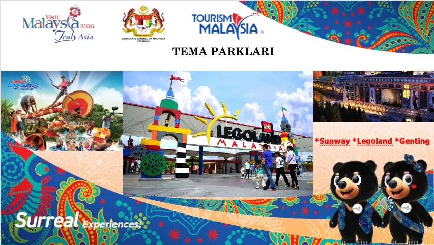Sunway, Legoland ve Genting tema parklarını tanıtan Malezya Turizm sunum görseli.
