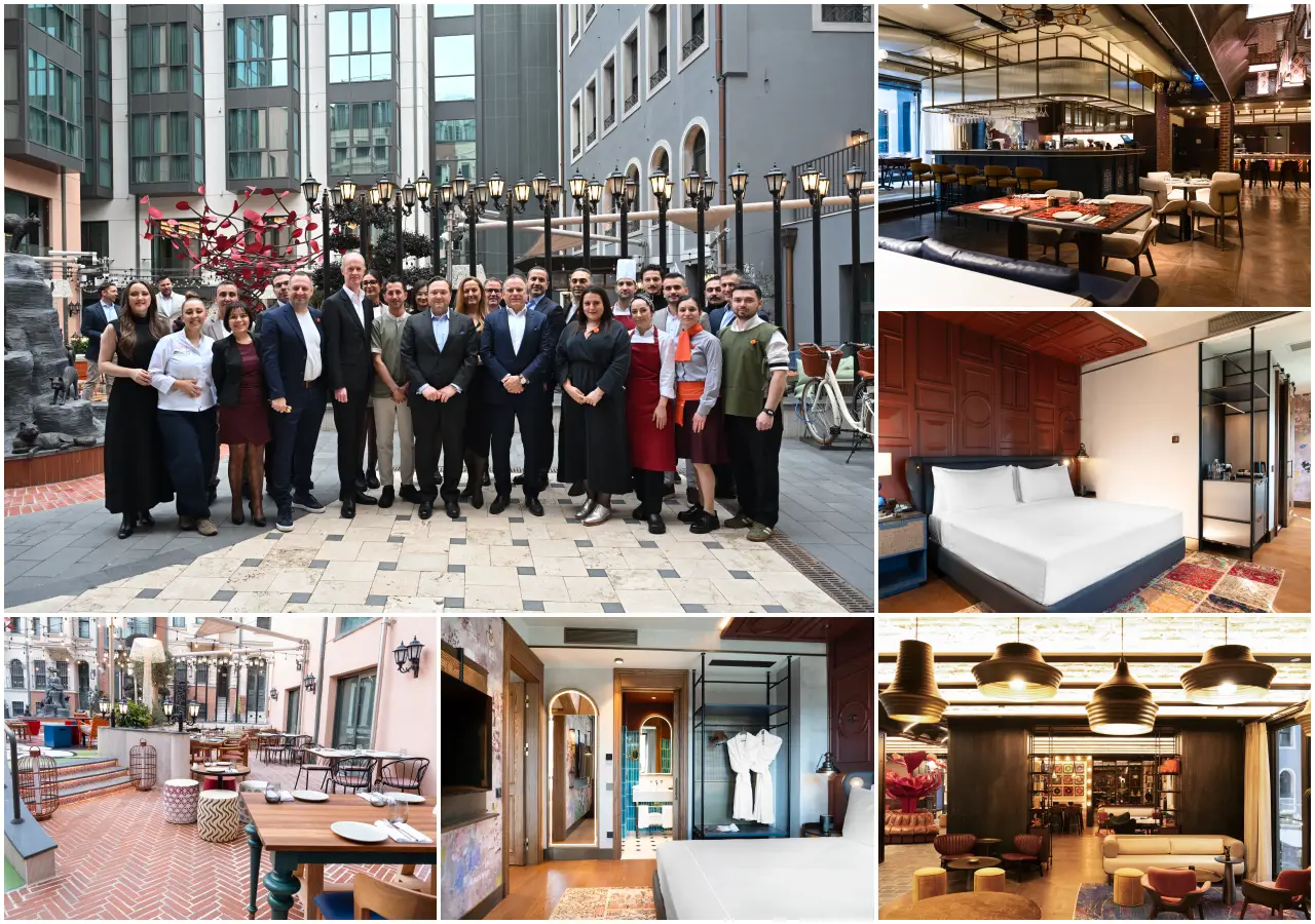 Canopy by Hilton Istanbul Taksim otelinin avlu alanı, restoranı, odaları ve ekip fotoğrafını gösteren çoklu görsel kolaj.