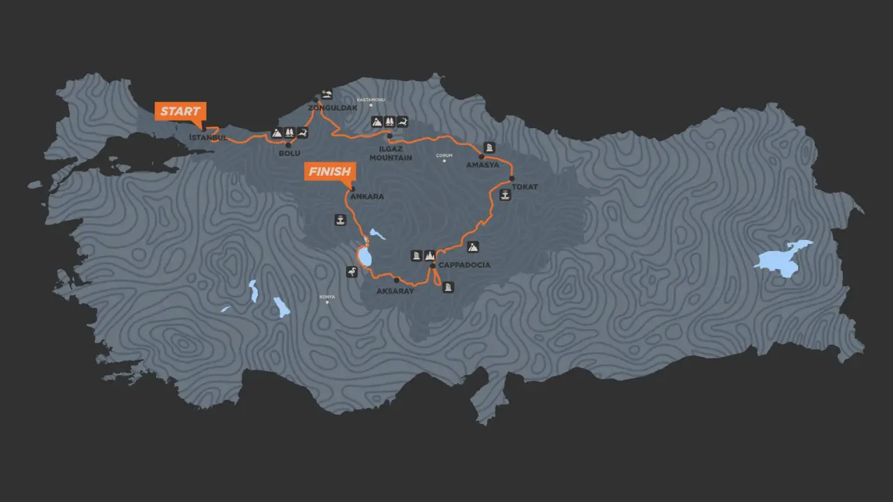 TransAnatolia 2026 yarış rotasını gösteren Türkiye haritası; İstanbul başlangıç, Ankara bitiş ve Kapadokya, Amasya, Tokat geçişleri.