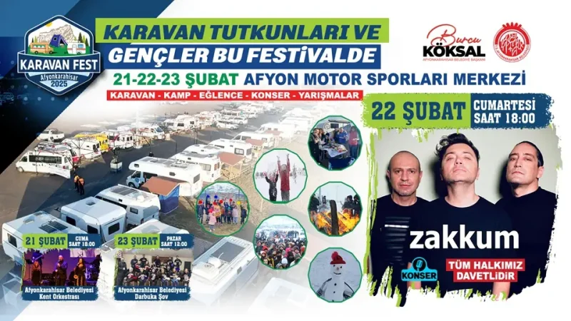 Karavanfest 2025 Afyonkarahisar afişi; Zakkum konseri, karavan alanı, festival etkinlikleri ve tarih bilgilerini içeren renkli bir tasarım.