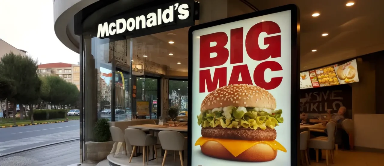 Bir Türk McDonald's şubesinin dış cephesi, üzerinde büyük bir 'Big Mac' posterinin yer aldığı vitrin