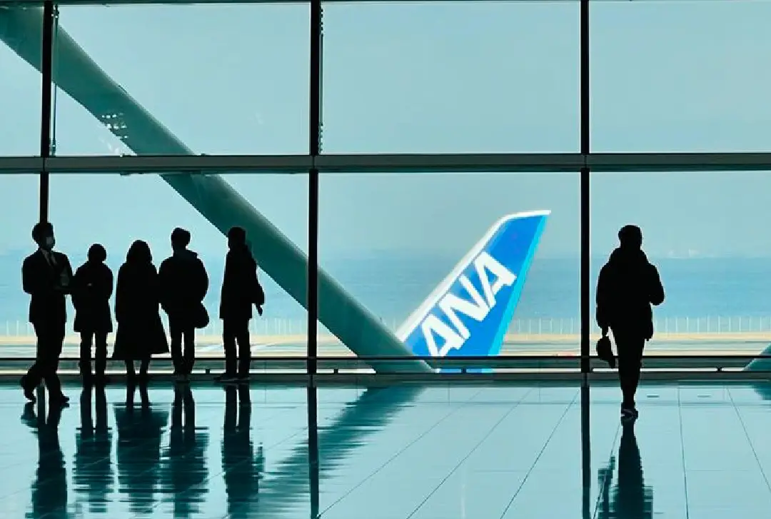 ANA uçağının kuyruğu ve Tokyo Haneda Havalimanında seyahat eden yolcular