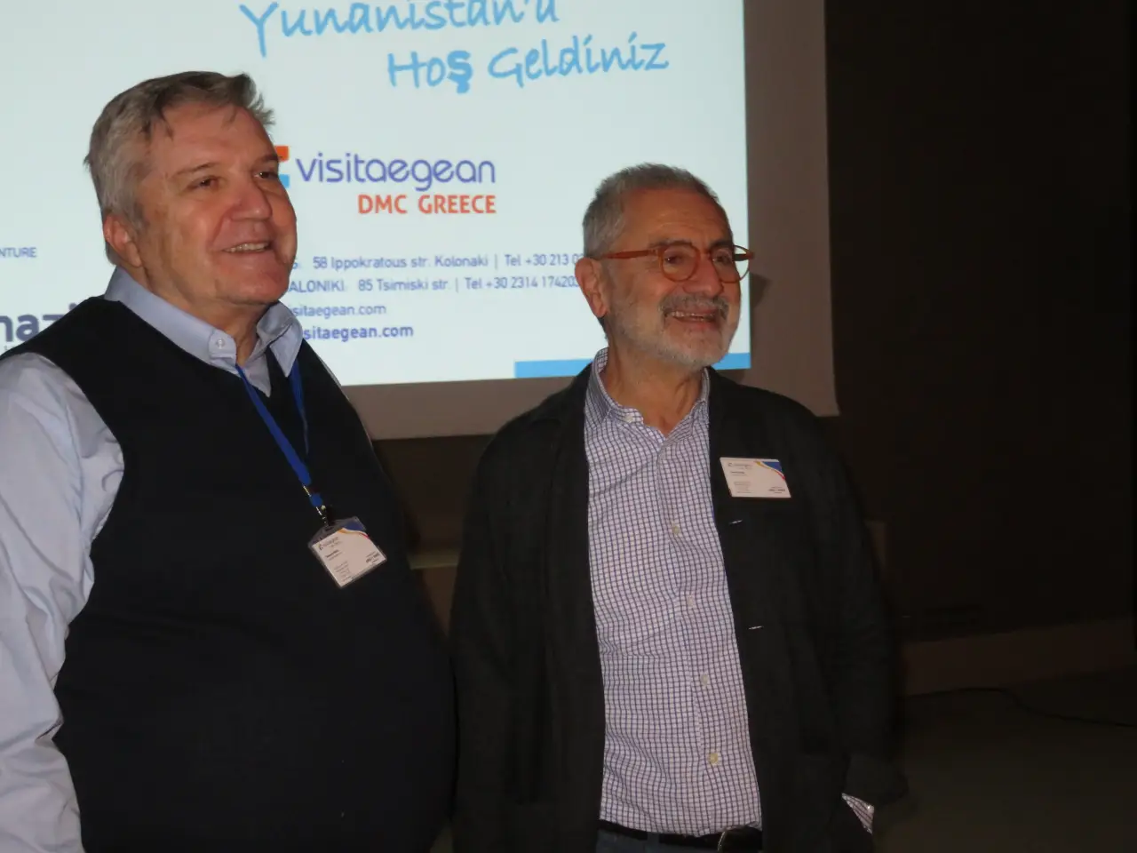 VisitAegean DMC toplantısında Theodoros Makris ve Ertuğrul Karaoğlu birlikte.
