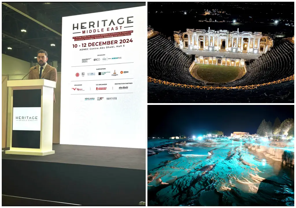 Heritage Middle East Konferansı’nda bir konuşmacı, Hierapolis antik tiyatrosu ve Pamukkale Travertenleri’nin gece ışıklandırması ile sergilendiği bir kolaj görüntüsü.
