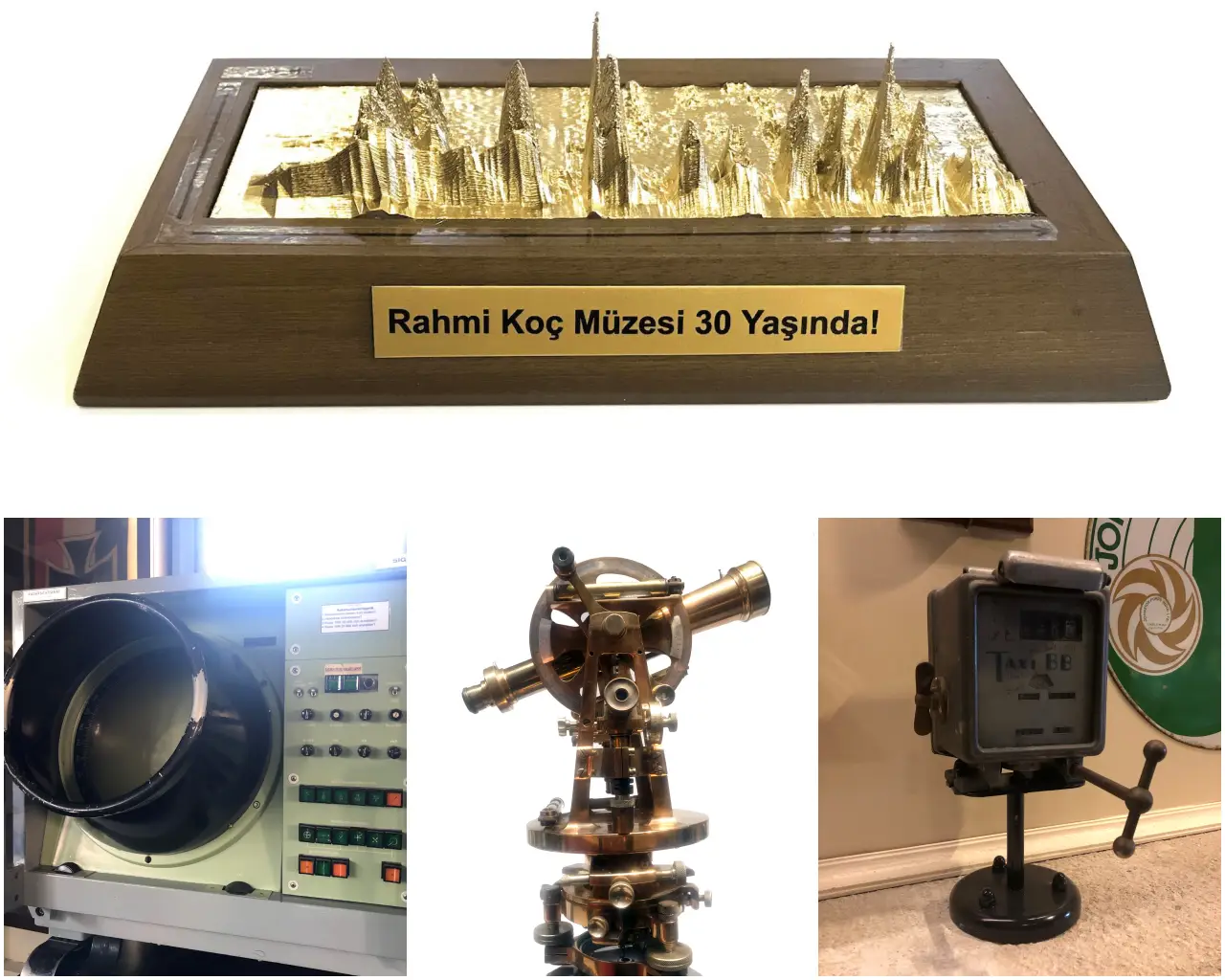 Rahmi M. Koç Müzesi’nin yeni koleksiyon parçaları arasında yer alan ses heykeli, Emden F 210 firkateynine ait radar ekranı, 19. yüzyıldan kalma pirinç teodolit ve 1930’lardan Taxi BB taksimetresi.