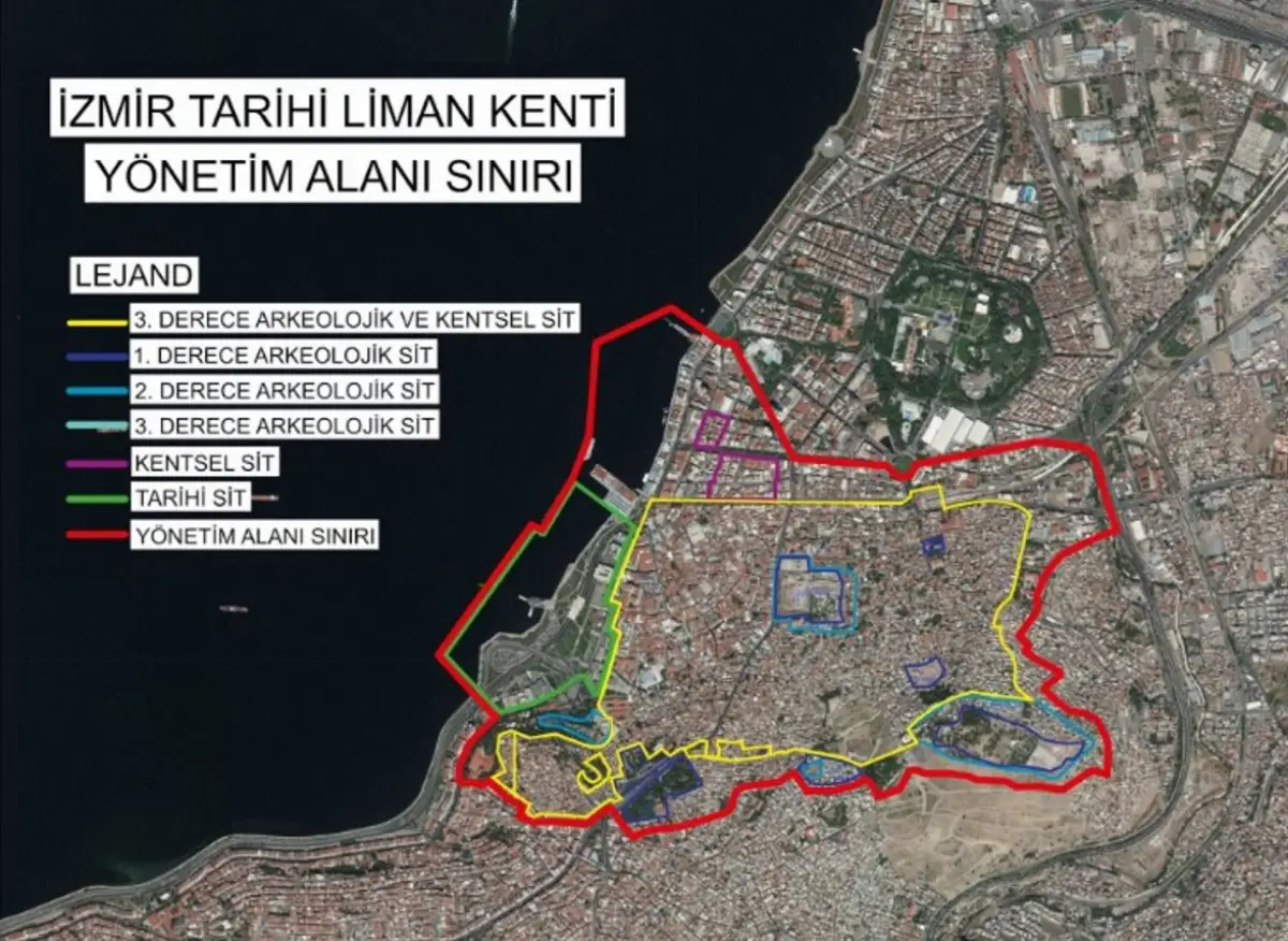 İzmir Tarihi Liman Kenti yönetim alanı ve sit alanları haritası
