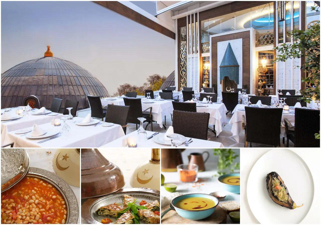 Matbah Restaurant’ın terasında kurulu Osmanlı mimarisi manzaralı beyaz örtülü sofralar ve geleneksel Türk mutfağından klasik yemekler