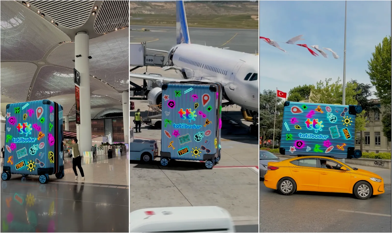 TatilBudur CGI reklam kampanyasında dev bavul İstanbul sokaklarında, havaalanında ve uçakta yolculuk ederken görüntüleniyor.