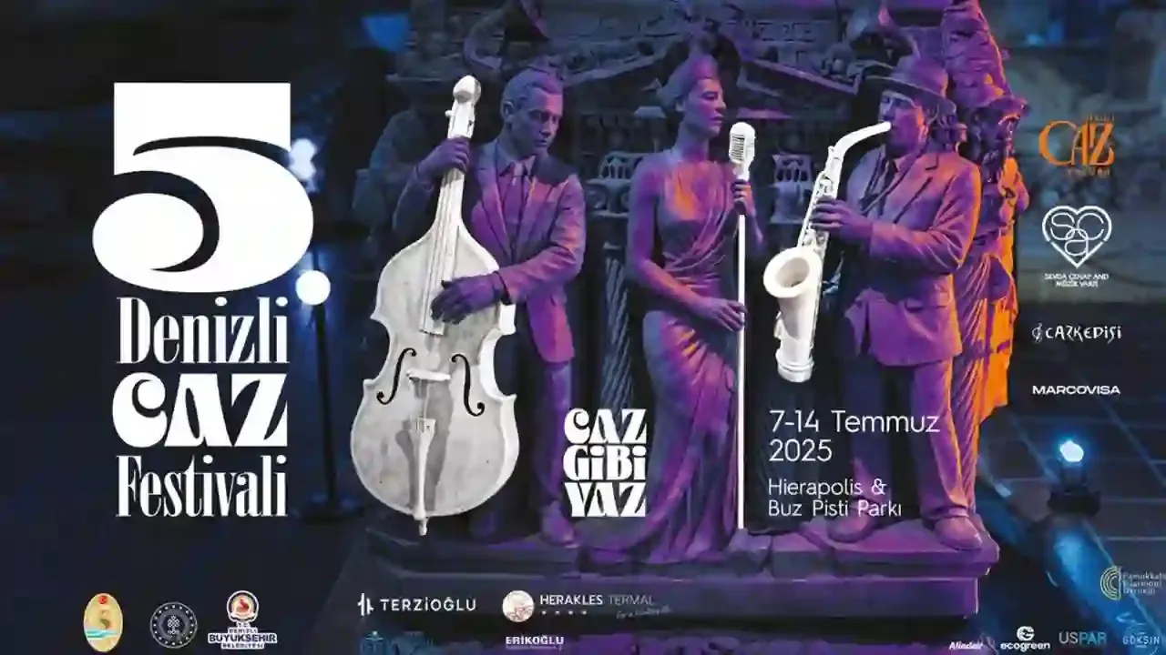 5. Denizli Caz Festivali 2025 afişi, caz müzisyenleri heykel figürleri ve festival tarihleriyle Hierapolis ve Buz Pisti Parkı’nda yapılacak etkinliği tanıtıyor.