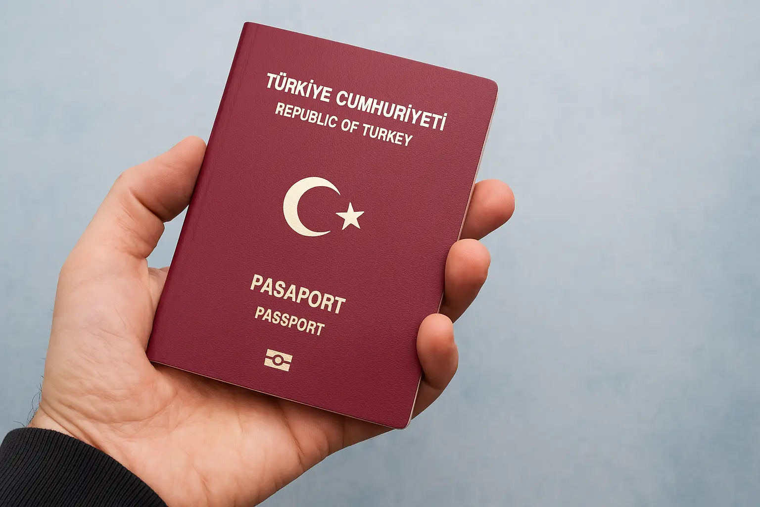 Bir kişinin elinde tuttuğu Türkiye Cumhuriyeti pasaportu, gri, mavi arka plan önünde yakından görüntülenmiş.