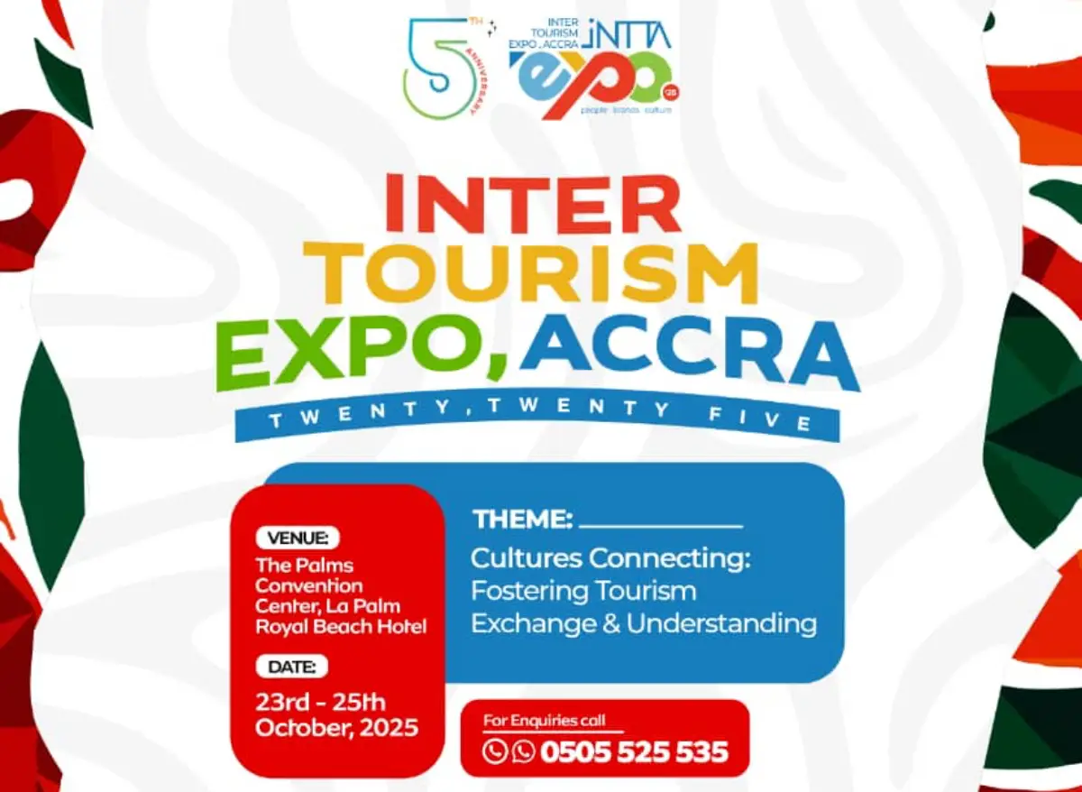 Promotional poster for Inter Tourism Expo Accra 2025, showing event details including venue at The Palms Convention Center, La Palm Royal Beach Hotel, dates October 23–25, 2025