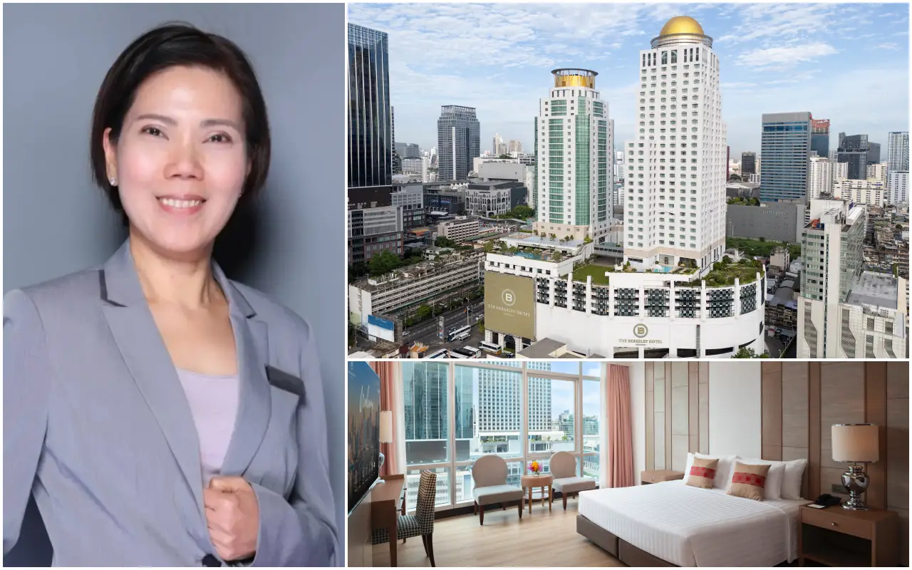 Collage showing Ms. Achara Chuenbunchoo, exterior of The Berkeley Hotel Pratunam, and a hotel room interior in Bangkok