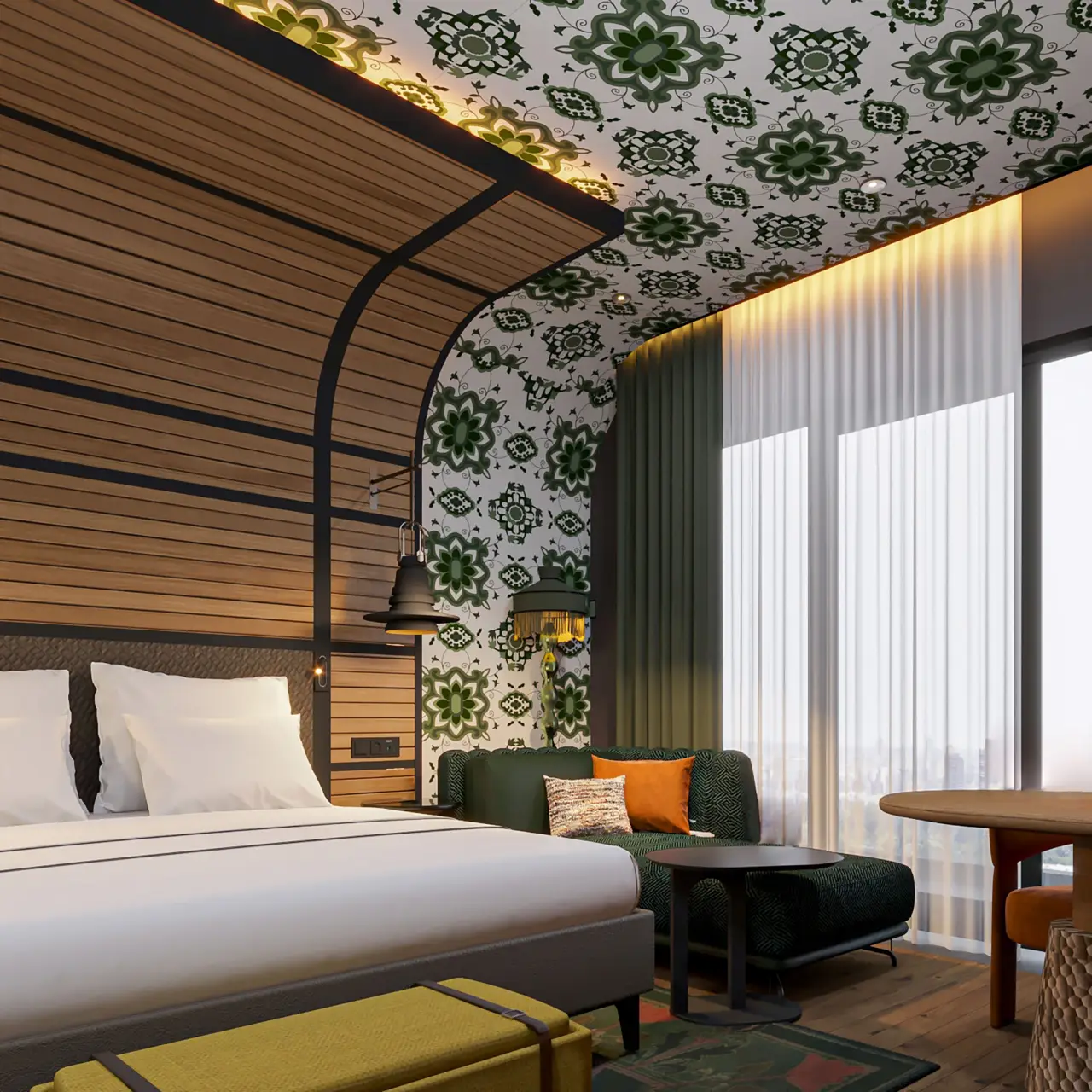 Canopy by Hilton Izmir Bomonti’de Ege esintili dekorasyona sahip şık bir otel odası; desenli tavan, büyük yatak ve oturma alanı.