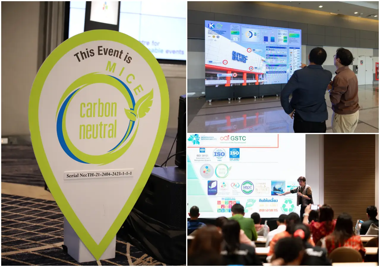 Carbon-neutral certification signage at a business event, alongside delegates viewing sustainability dashboards and attending a green events presentation.