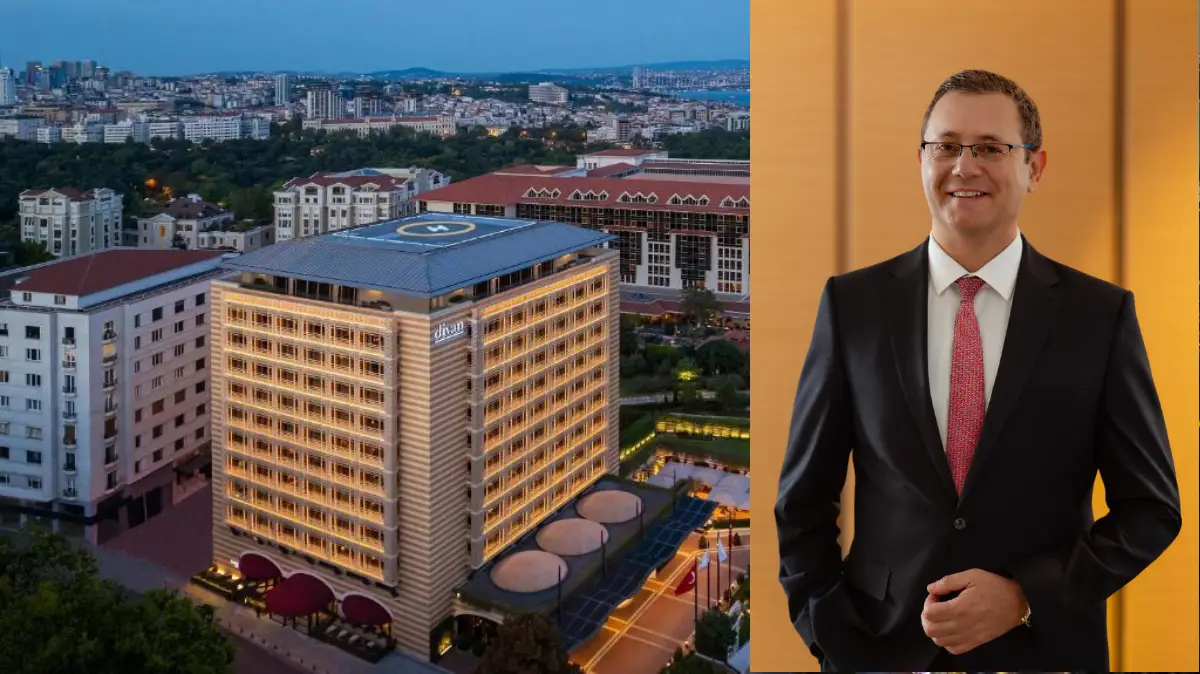 Divan Oteli’nin dış cephe görünümü ve Divan Grubu Genel Müdürü Ziya Alper Önder’in portresi.