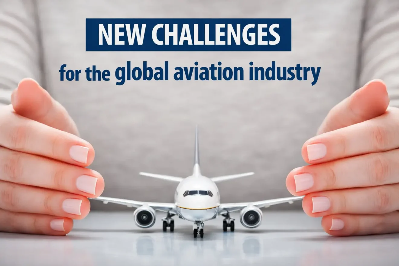 Hands protect a model passenger airplane, symbolizing new challenges for the global aviation industry.