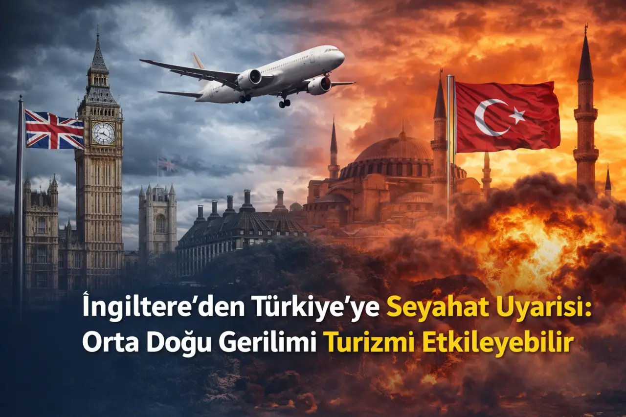 İngiltere ve Türkiye simgeleri ile uçak görselinin yer aldığı, Orta Doğu geriliminin turizme etkisini anlatan seyahat uyarısı temalı yatay haber görseli.