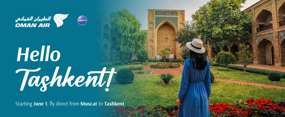 Oman Air promotional image announcing new direct flights from Muscat to Tashkent