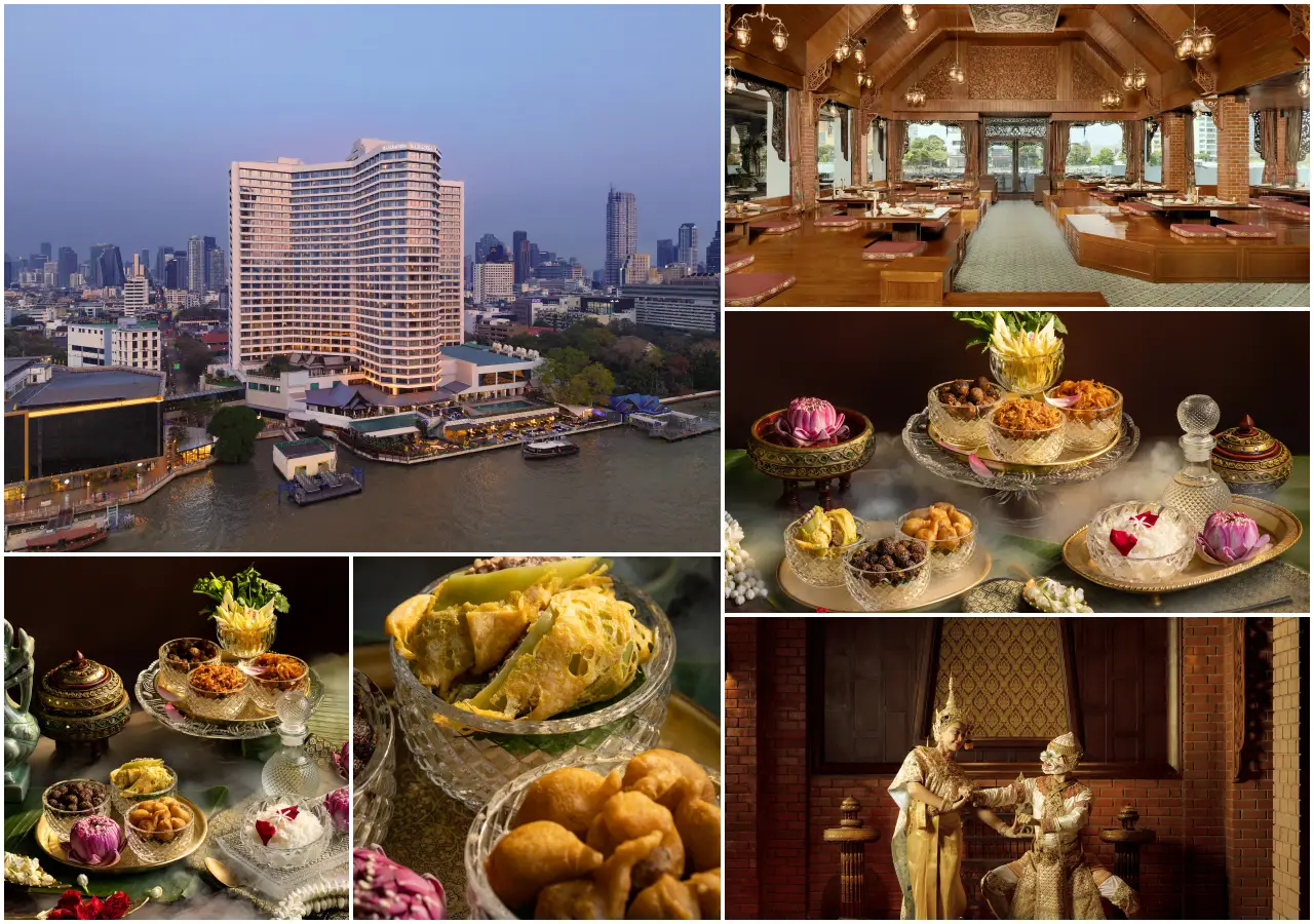 Thara Thong restaurant at Royal Orchid Sheraton Bangkok with traditional Khao Chae Thai dish presentation and riverside setting