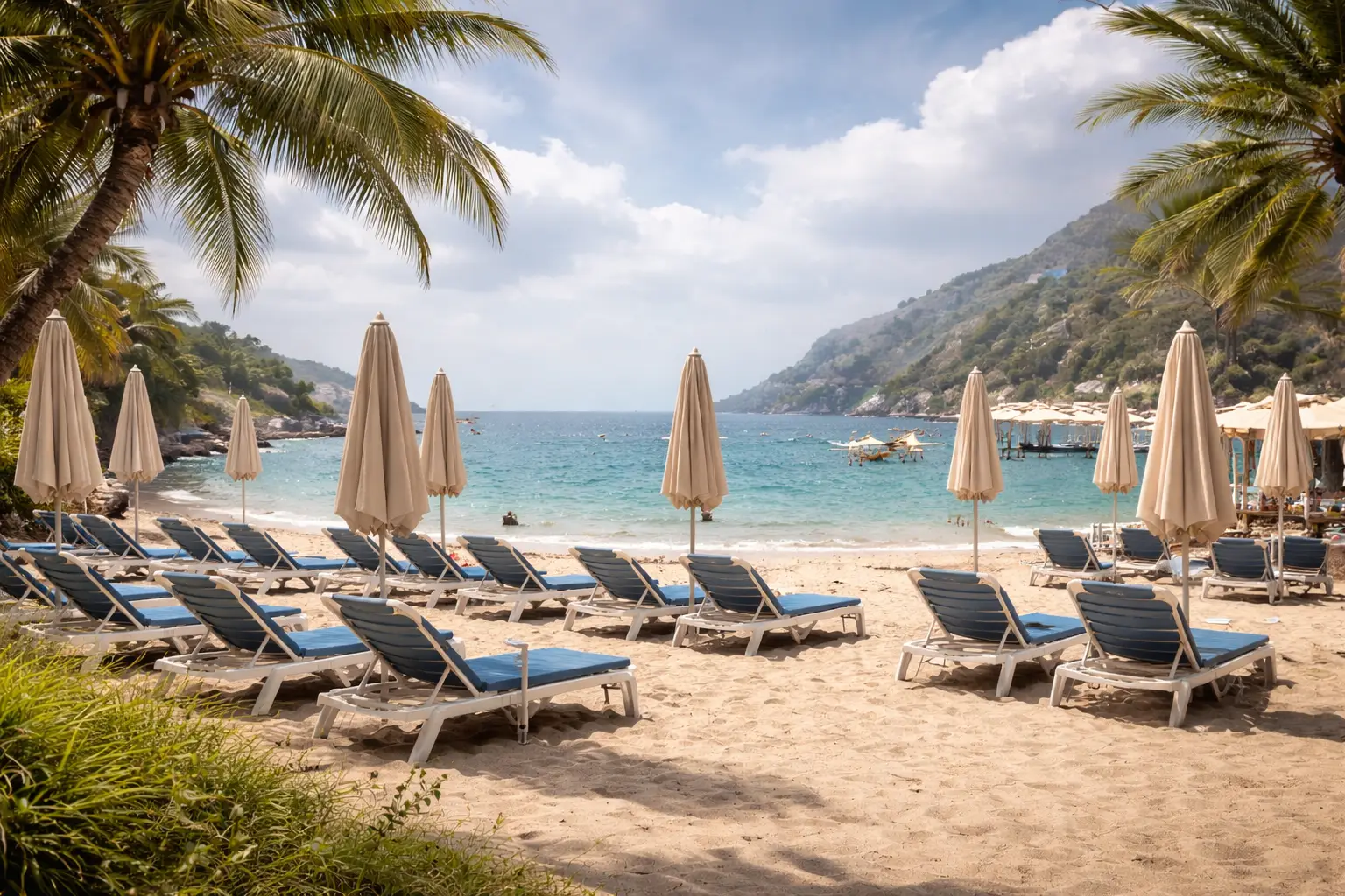 Boş şezlonglar ve kapalı plaj şemsiyeleriyle sakin bir Akdeniz sahili turizmde rezervasyon iptallerinin etkisini simgeliyor