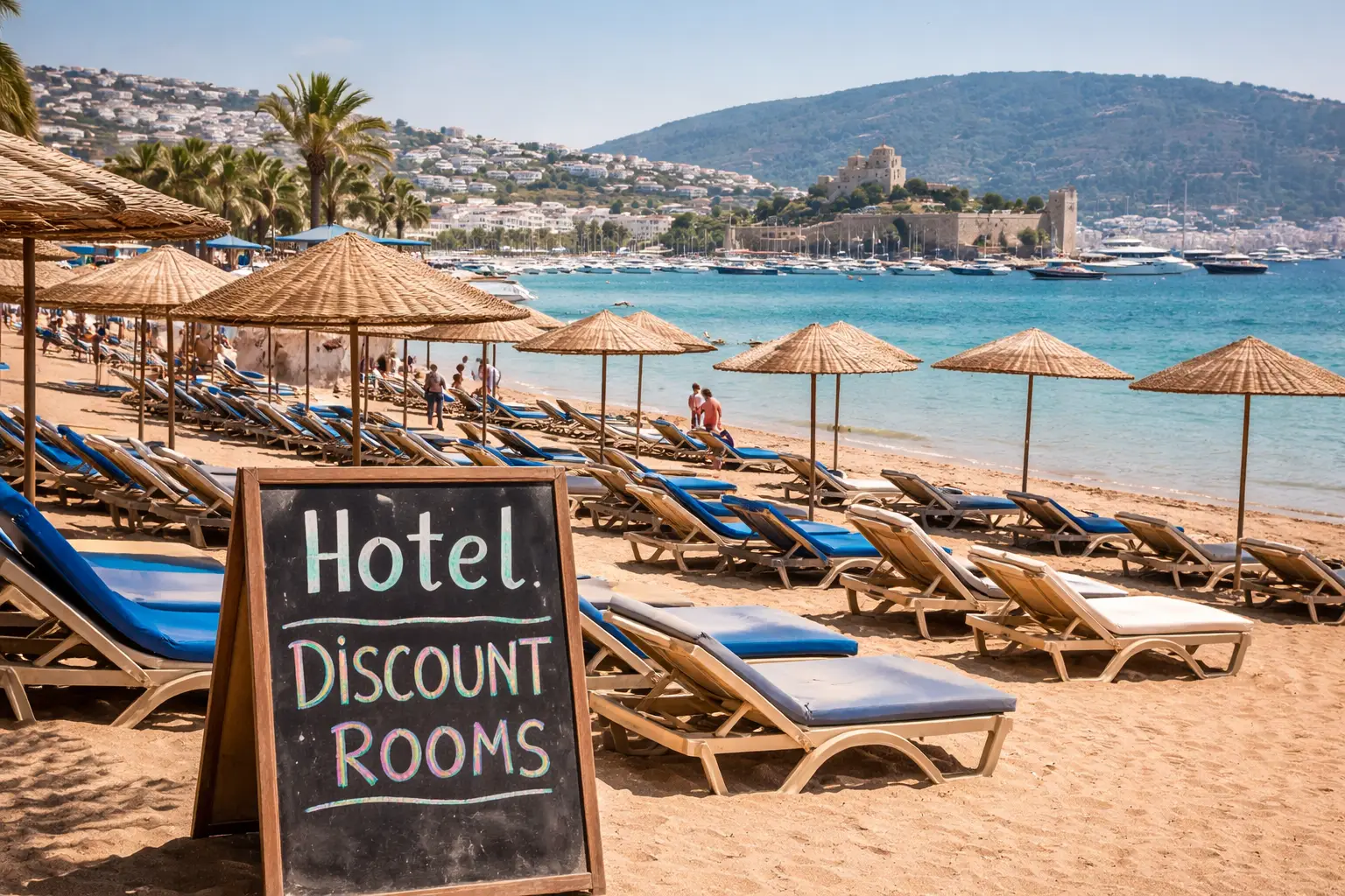 Bodrum’da boş şezlonglar ve indirimli otel odaları tabelası, turizm talebindeki düşüşü gösteriyor