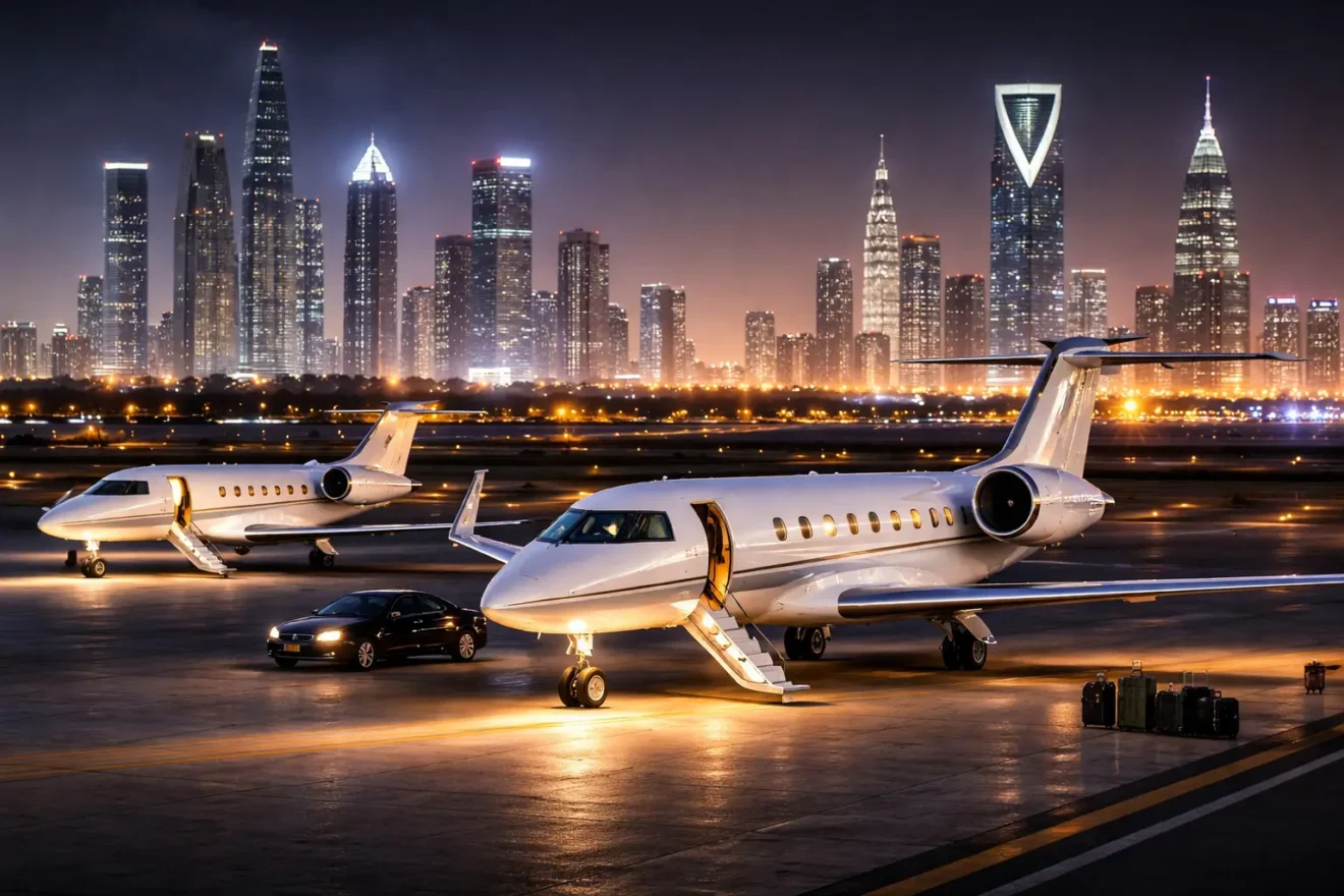 Gece ışıkları altında Dubai ve Riyad silüeti önünde park etmiş iki özel jet