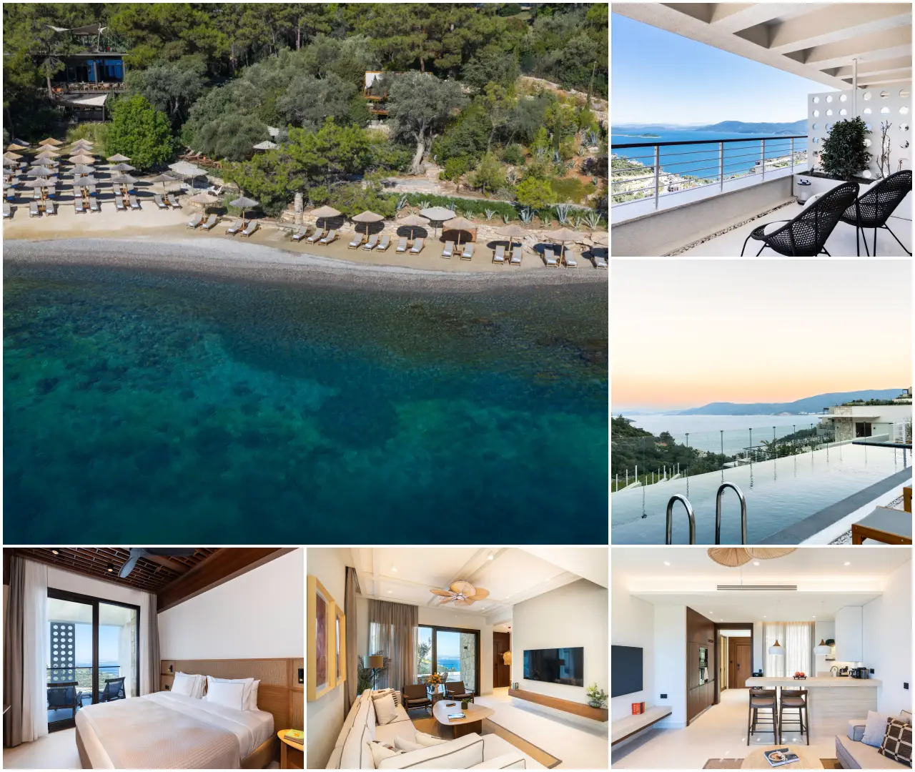 Bodrum Demirbükü’nde WAM tesisine ait plaj, deniz manzaralı teras, havuz ve modern konaklama alanlarının genel görünümü