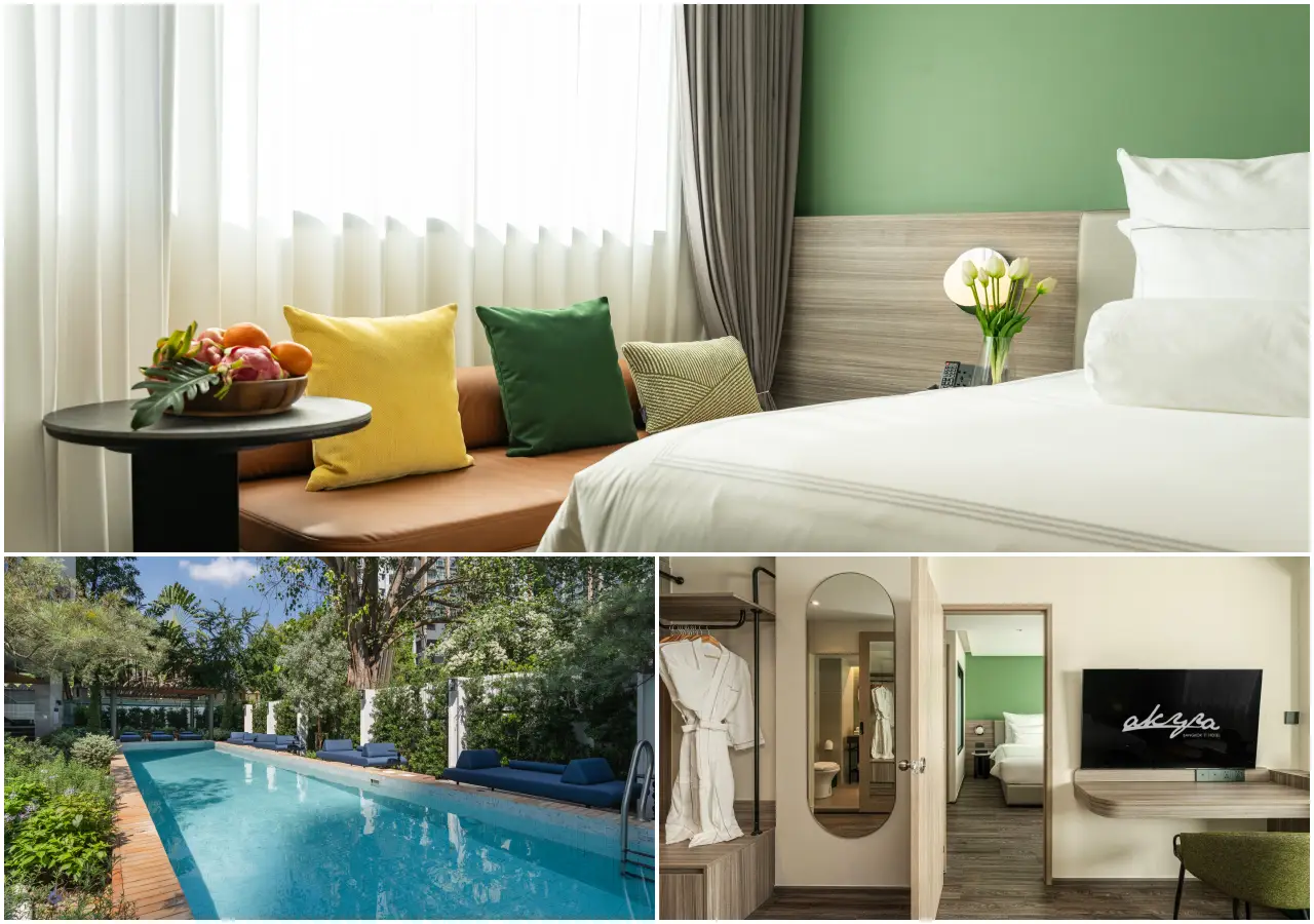 A collage of three images from The akyra Bangkok 11 hotel in Sukhumvit, Bangkok: a bright guest room with white bedding, colourful cushions and a fruit bowl; a lush canal-side outdoor pool surrounded by mature trees and blue lounge seating; and a modern room interior with a wardrobe, oval mirror, flatscreen TV and the akyra Bangkok 11 logo.