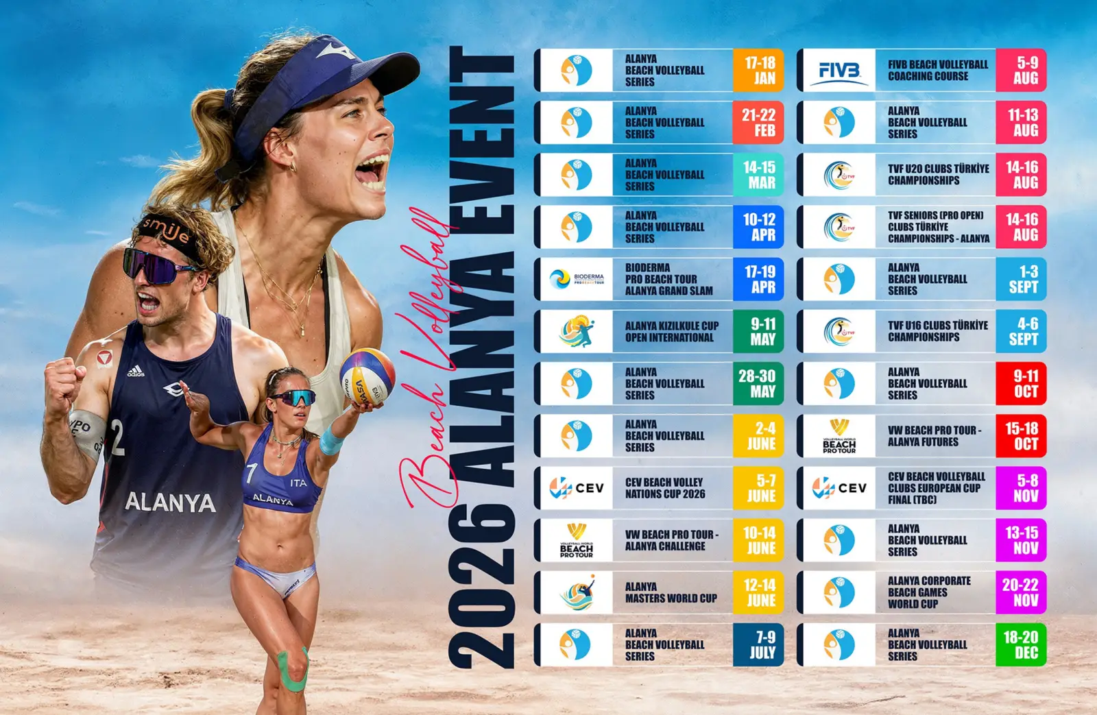 Alanya 2026 plaj voleybolu etkinlik takvimini gösteren görsel, yıl boyunca düzenlenecek uluslararası turnuvalar ve organizasyon tarihleri