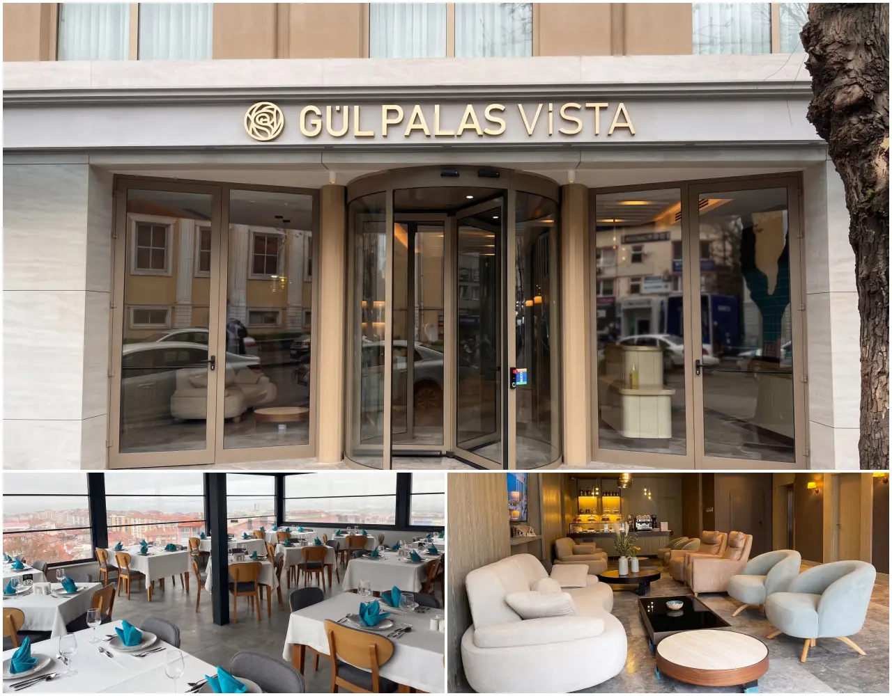 Kütahya şehir merkezindeki Gül Palas Vista otelinin dış cephesi, Kütahya manzaralı panoramik restoranı ve modern koltukların yer aldığı lobi alanından üç fotoğrafı bir arada gösteren kolaj görsel