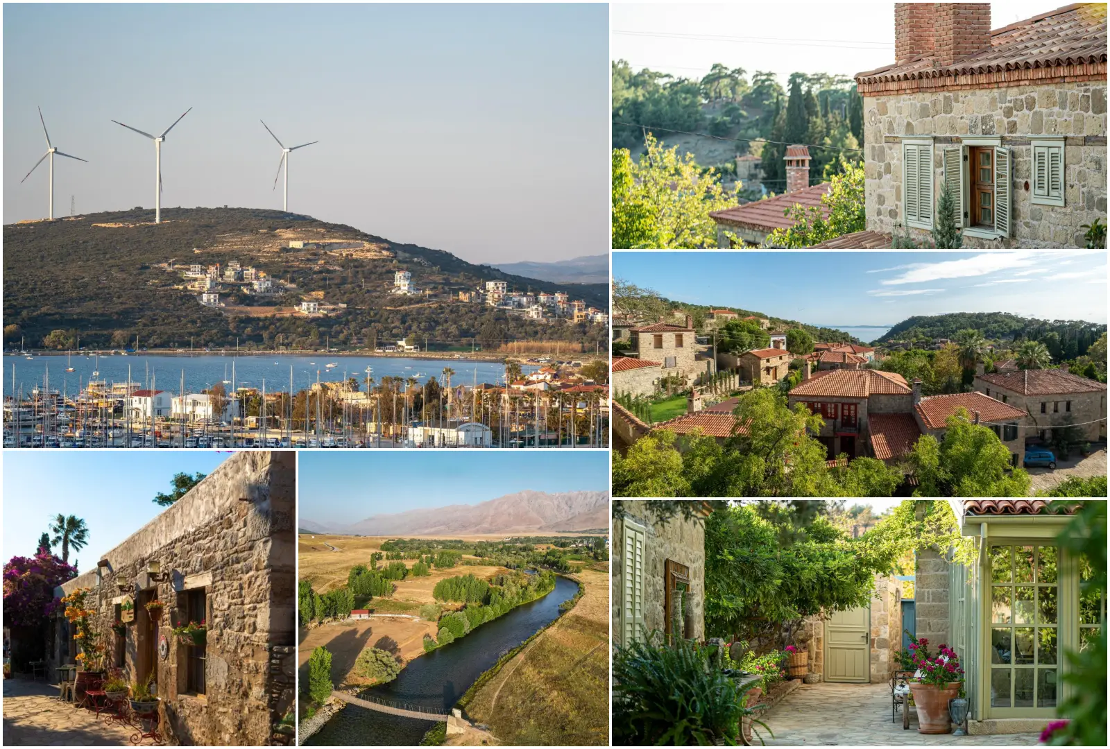 BM Turizm Örgütü'nün 2026 En İyi Turizm Köyü Programı'na aday gösterilen dört Türk yerleşiminden görünümler: marina ve rüzgar türbinleriyle Sığacık, taş evleriyle Adatepe, yeşil vadisi ve nehriyle Ziyaret Köyü ile tarihi taş sokakları ve avlularıyla Eski Datça.