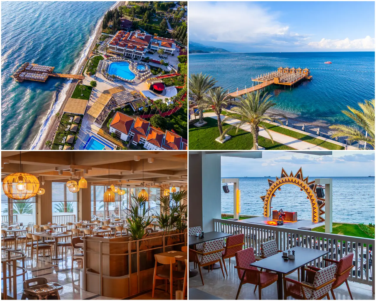 Corendon Hydros Club Kemer'den dört kareli kolaj: sol üstte otelin havuzları ve ahşap iskelesiyle havadan görünümü, sağ üstte palmiye ağaçları arasından denize uzanan iskele, sol altta doğal ahşap detaylı modern restoran iç mekanı, sağ altta deniz manzaralı açık teras restoranında dekoratif güneş motifli sahne.
