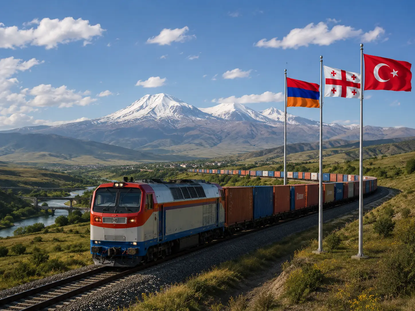 Ermenistan, Gürcistan ve Türkiye bayrakları yanında Kafkasya dağları önünde ilerleyen yük treni ve Ahalkalaki-Kars demiryolu hattı.