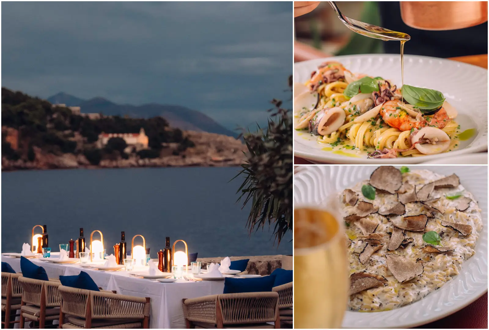 Dubrovnik kıyısında deniz manzaralı açık hava restoranında hazırlanmış deniz ürünlü Akdeniz yemekleri ve şık akşam yemeği masası görünümü.