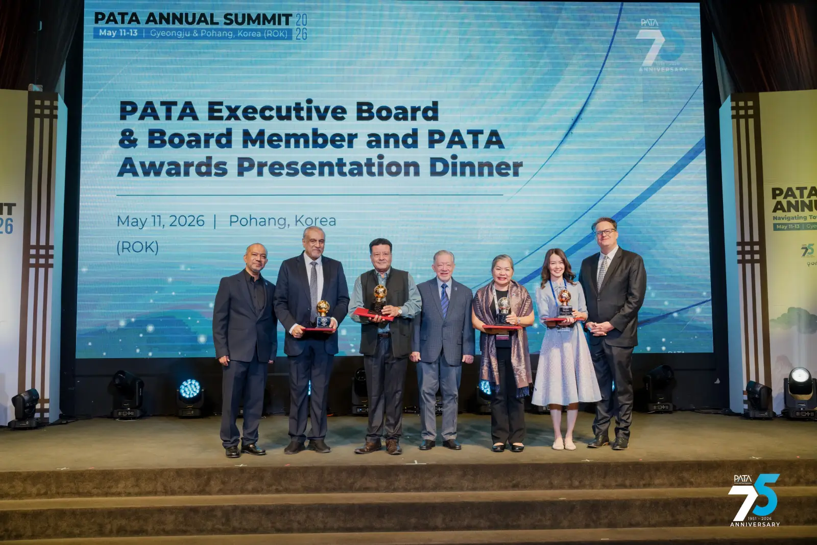 PATA Annual Summit 2026 awards ceremony in Pohang, Korea, with tourism industry leaders and award recipients on stage during the PATA Awards Presentation Dinner.