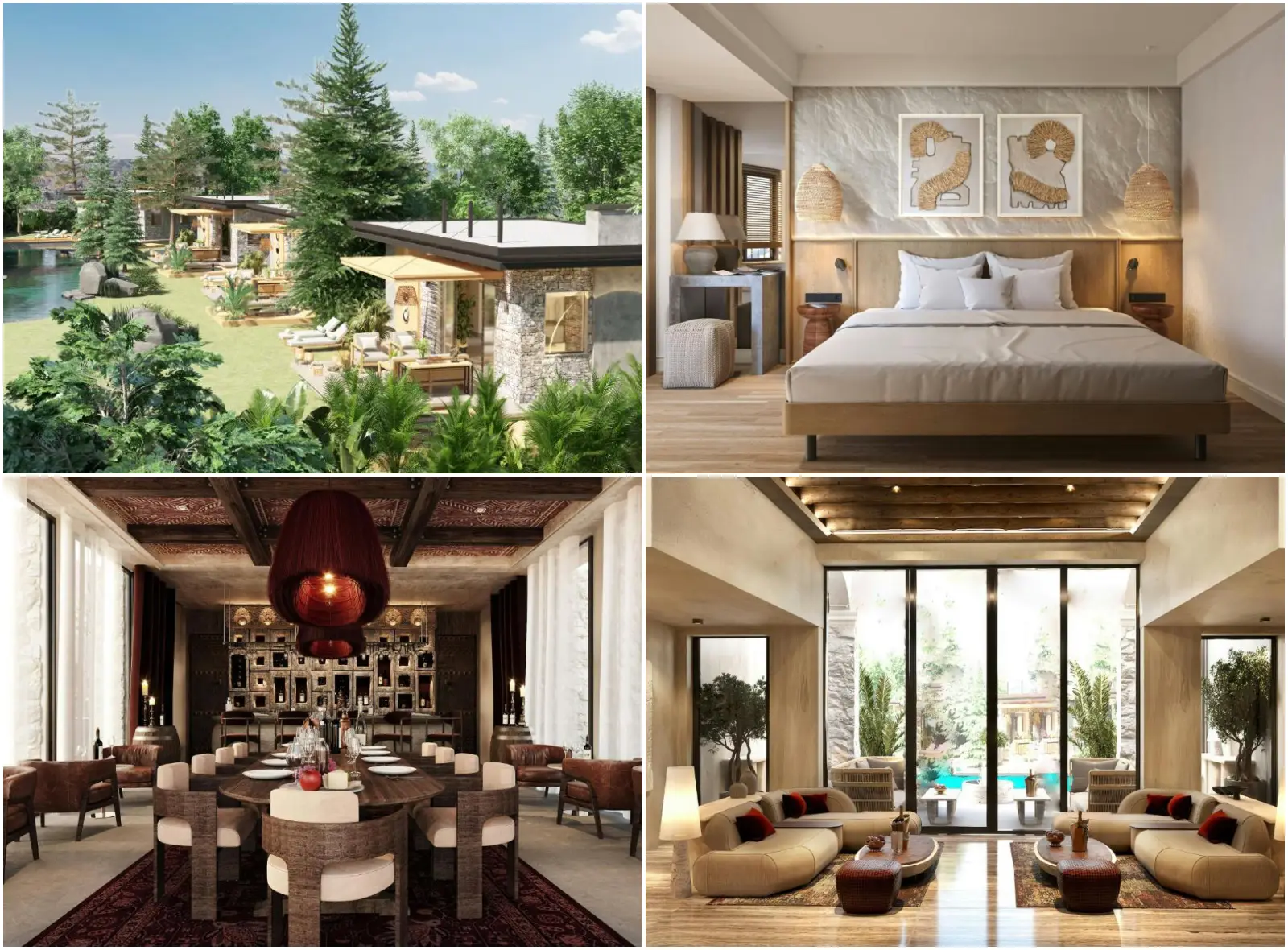 Kapadokya'daki Fortuna of Cappadocia otelinin villa alanları, lüks oda, restoran ve lounge bölümlerini gösteren kolaj görseli.