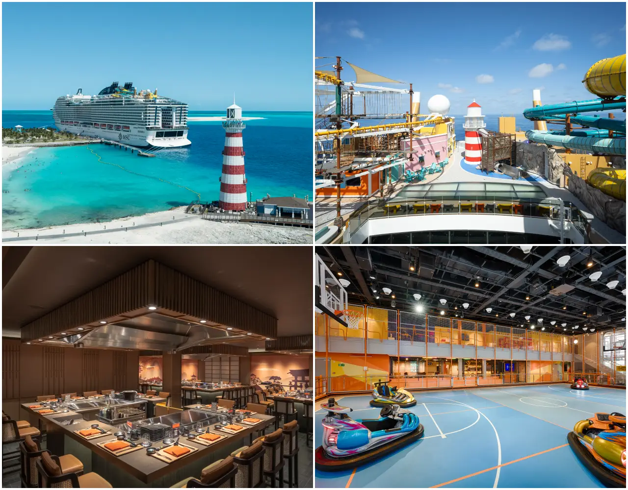 MSC Cruises gemisi, su parkı, restoran ve eğlence alanı kolajı