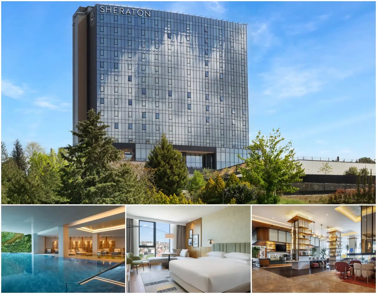 Dört kareden oluşan kolaj: üstte cam cepheli Sheraton Uşak Hotel & Thermal Spa binasının yeşillikler arasındaki dış görünümü, altta kapalı termal yüzme havuzu, şehir manzaralı modern bir misafir odası ve ahşap detaylı şık lobi alanı