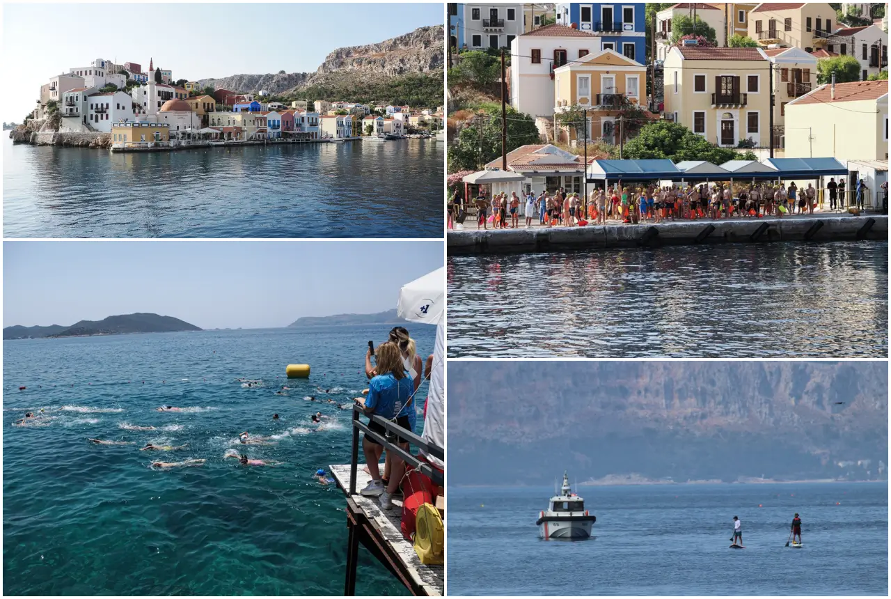 Meis Kaş Yüzme Yarışı'ndan dört kare: Meis Adası, sporcular, açık su ve Akdeniz manzarası