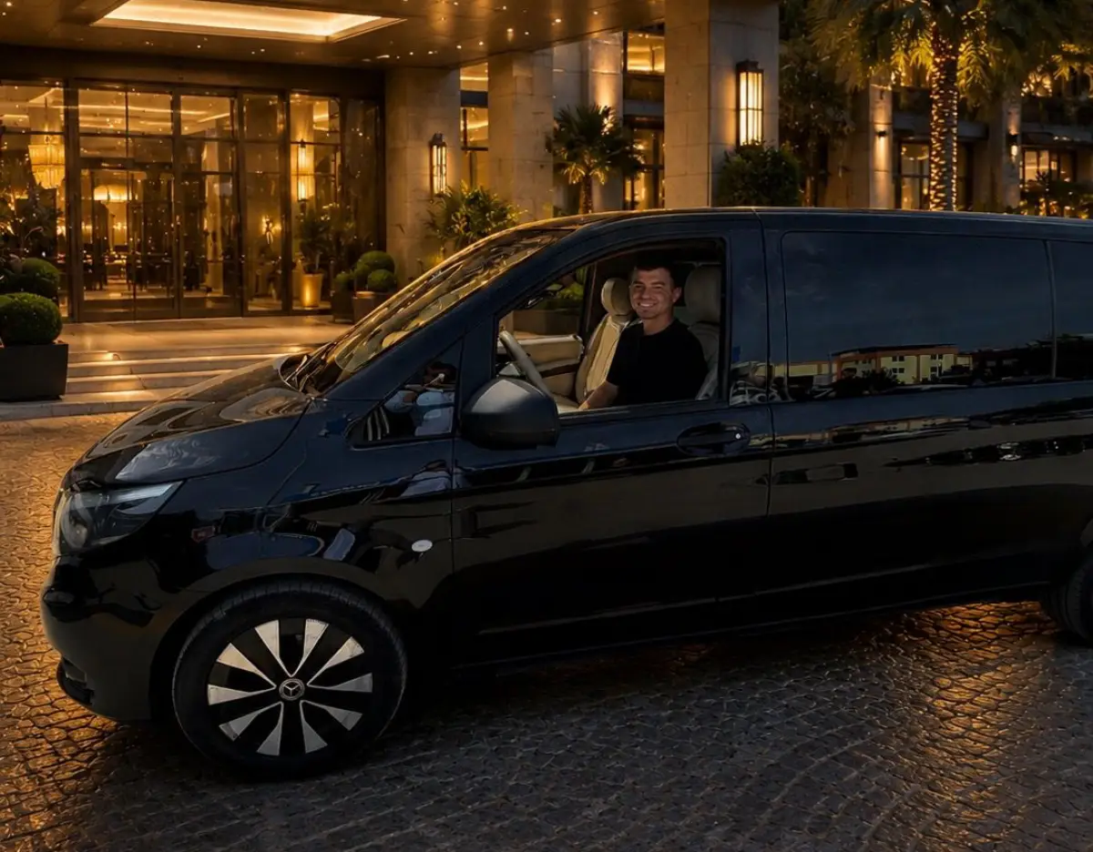 Gece çekiminde lüks bir otelin aydınlık girişi önünde park etmiş siyah Mercedes VIP minibüs. Sürücü koltuğunda gülümseyen bir erkek sürücü, arka planda palmiyelerle çevrili ışıklı otel cephesi görünüyor.