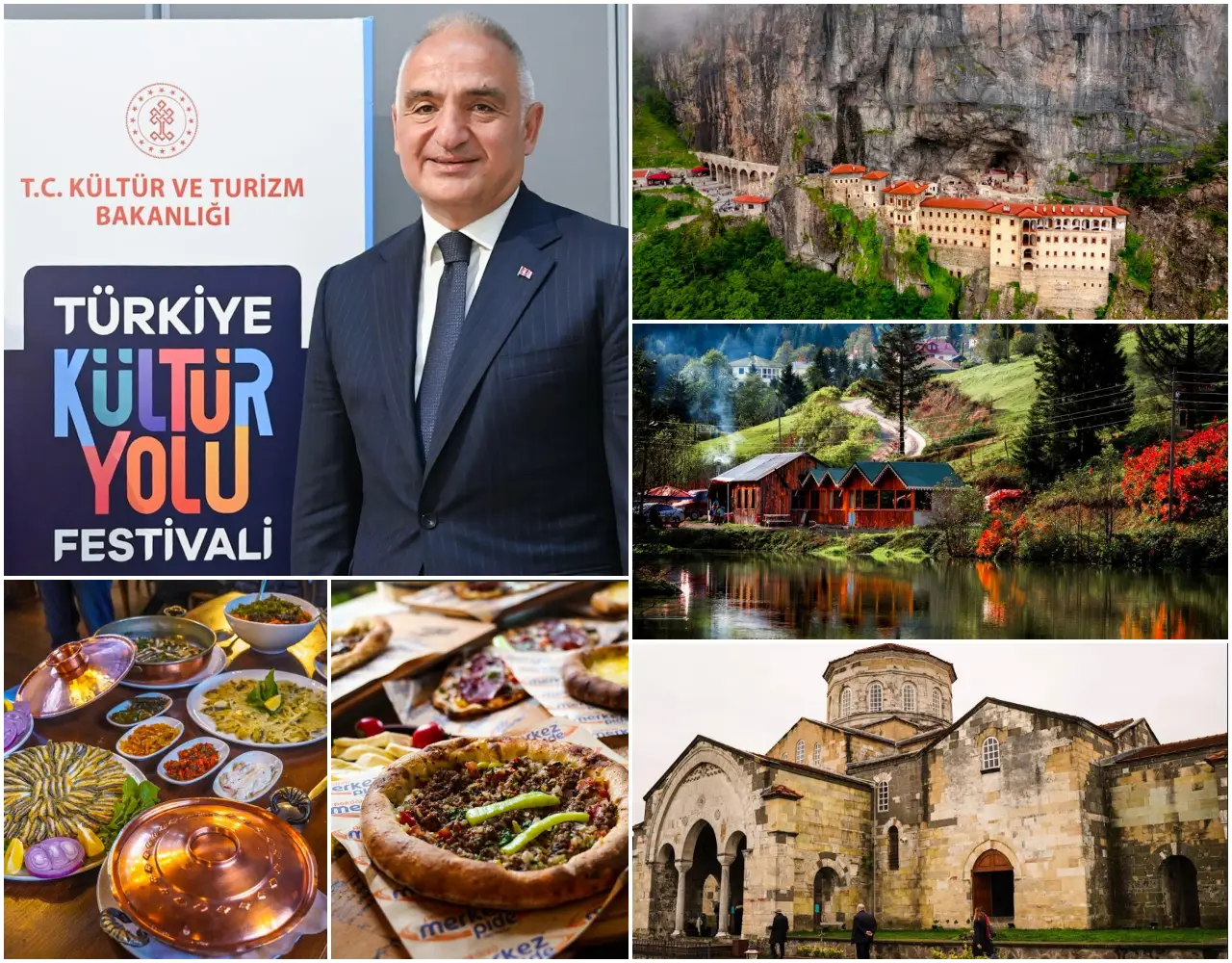 Türkiye Kültür Yolu Festivali tanıtım panosu, Kültür ve Turizm Bakanı Mehmet Nuri Ersoy, Sümela Manastırı, Karadeniz doğası, Trabzon mutfağı ve Trabzon Ayasofya Camii'nin yer aldığı kolaj görsel