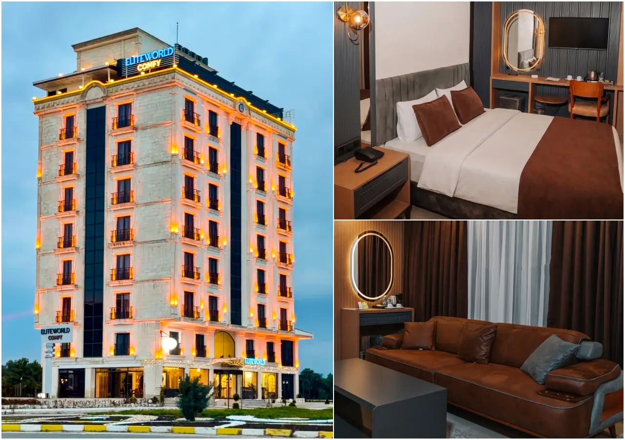 Elite World Comfy Midyat'ın gece aydınlatmalı Mardin taşı cepheli otel binası ile kahverengi tonlarında dekore edilmiş yatak odası ve oturma alanı görünümlerini bir arada gösteren kolaj