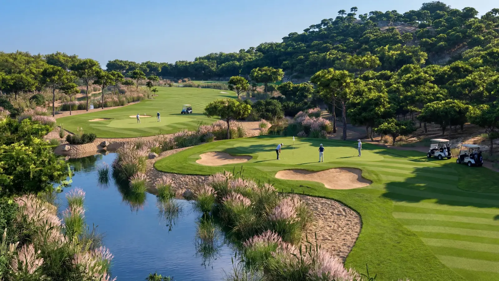 Hilton Dalaman Sarıgerme'deki The Dalaman Golf Club'a ait golf sahasının su engeli ve kum bankerleri arasında oyun oynayan golfçüleri gösteren, çam ağaçlarıyla çevrili panoramik görünümü
